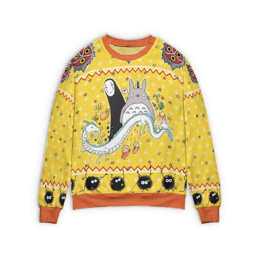 Totoro And No Face Riding Haku 3D Ugly Christmas Sweater 1 Totoro And No Face Riding Haku 3D Ugly Christmas Sweater