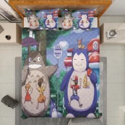 Totoro And Snorlax At The Bus Stop Quilt Bedding Set -Ghibli BEDSET 650 MOCKUP 2