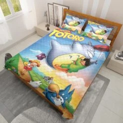 Umbrella Totoro Colorful Quilt Bedding Set -Ghibli BEDSET 654 MOCKUP 3