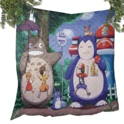 Totoro And Snorlax At The Bus Stop Quilt Blanket