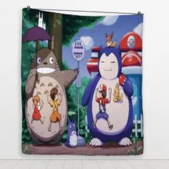 Totoro And Snorlax At The Bus Stop Quilt Blanket -Ghibli BLANKET 650 MOCKUP 3