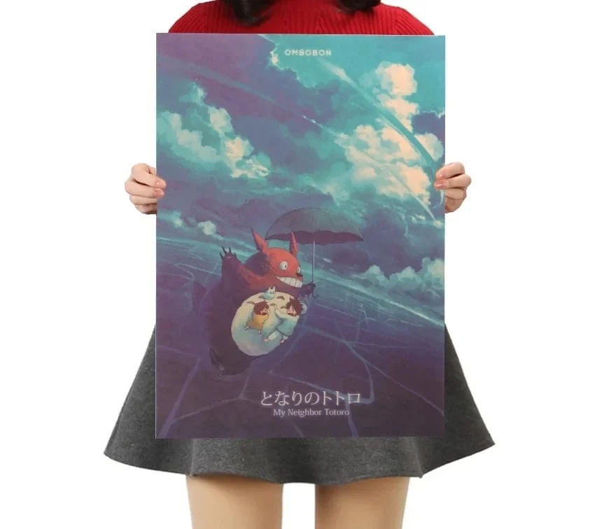 Totoro And The Girls Flying In The Sky Kraft Paper Poster 1 Totoro And The Girls Flying In The Sky Kraft Paper Poster